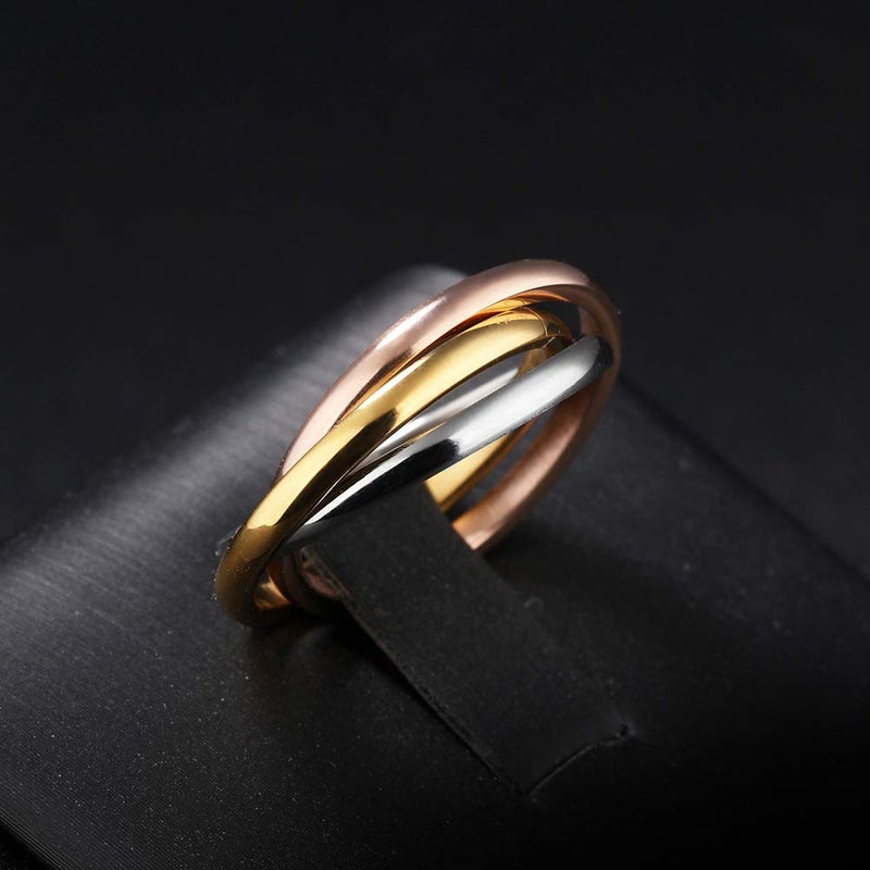 JAJAFOOK Women's Stainless Steel Gold-tone Silver-tone Rose-tone Triple Band Interlocked Rolling Ring (Rose Gold Tri-Color, 5) - Image 5